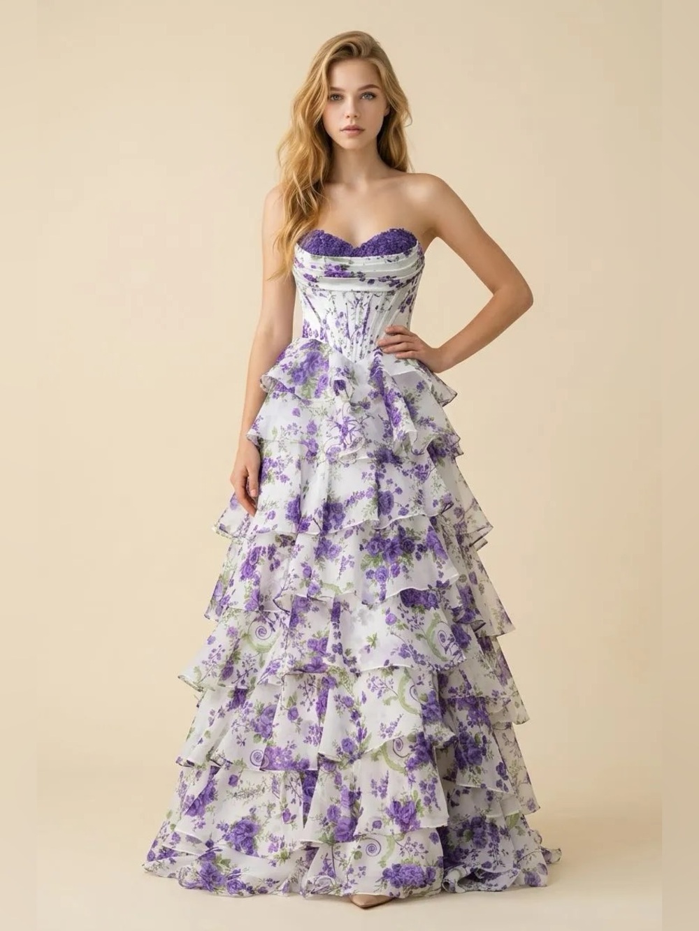 Stunning Purple Floral Tiered Ruffle Gown Strapless – Size 6